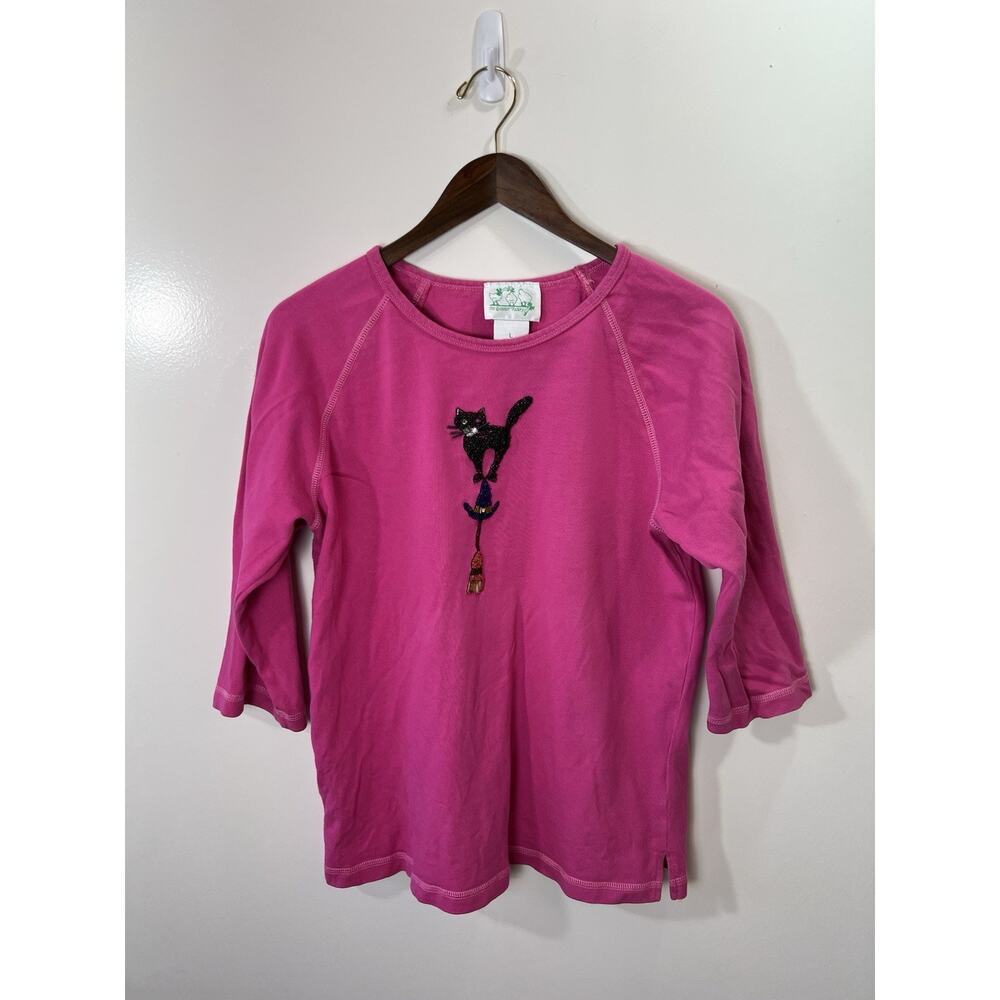The Quacker Factory Women’s Beaded Halloween Shirt Size L Pink Witchy Black Cat